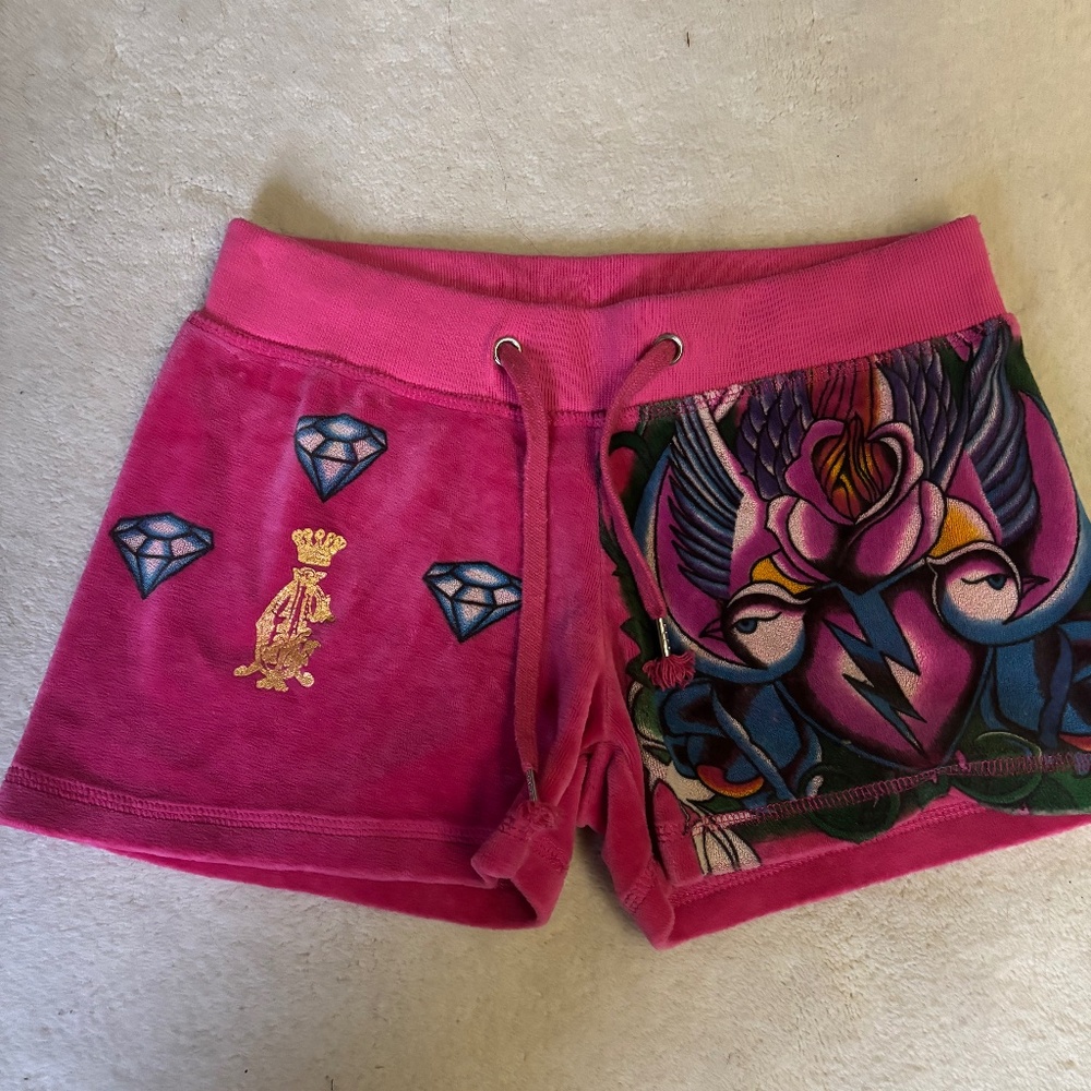 Christian Audigier Ed hardy velour mini shorts